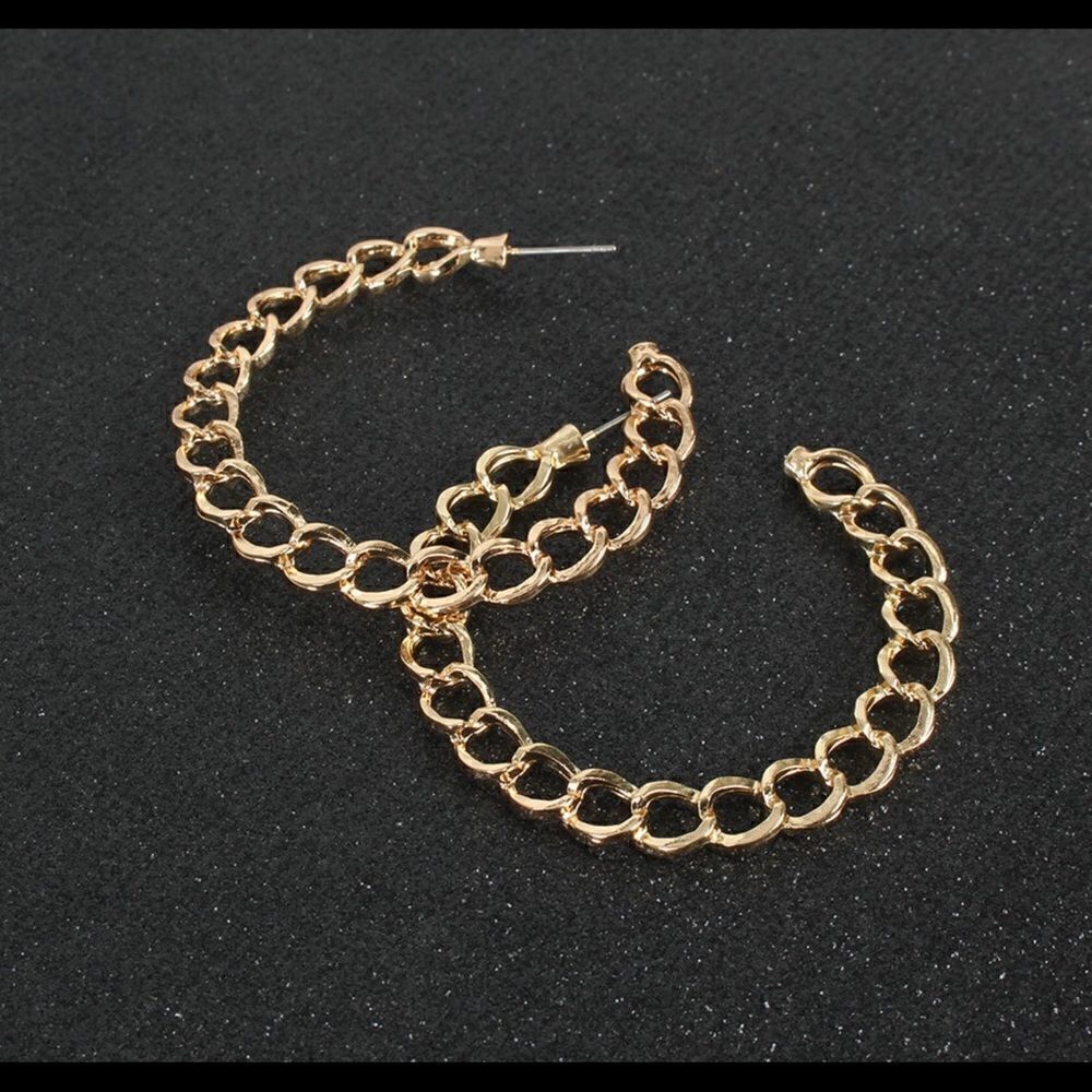 Gold-tone Chain Link Hoop Earrings-1 3/4”